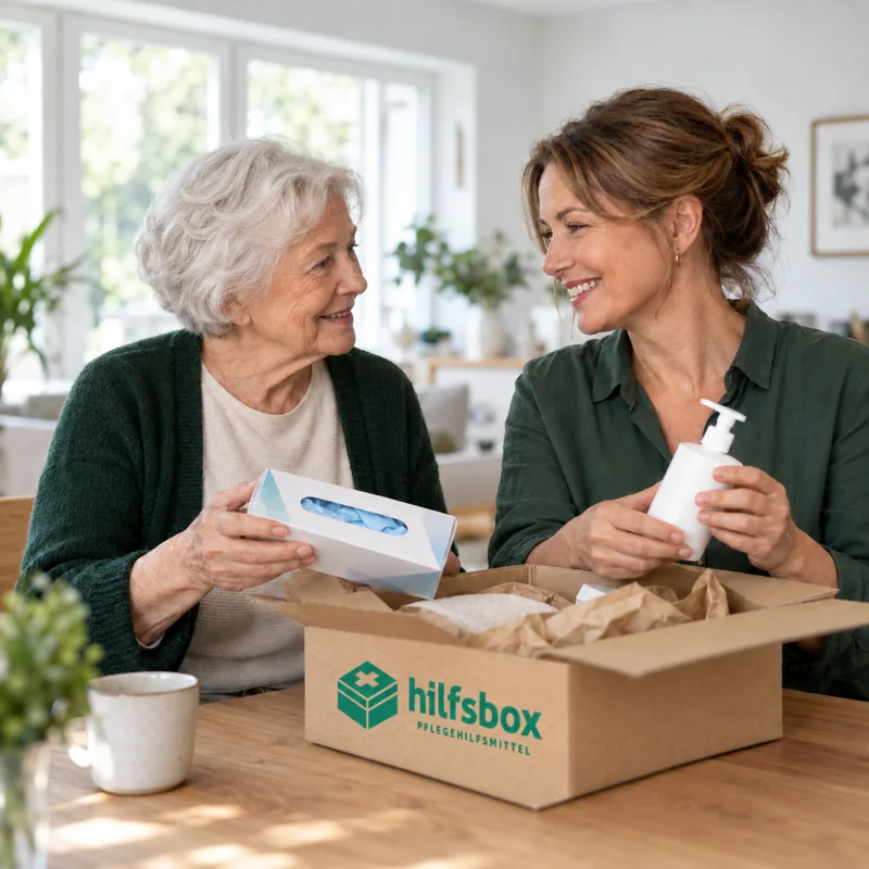 Seniorin und Angehörige packen Pflegehilfsmittel aus einem Karton mit Hilfsbox-Logo aus